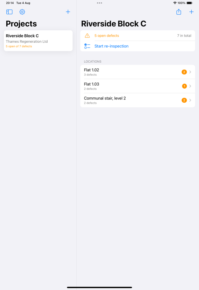 Snagpad on iPad, showing the project list beside the selected project's locations