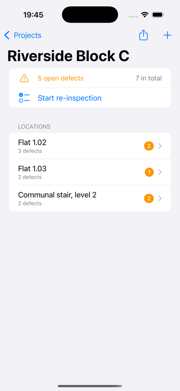 A Snagpad project showing three locations and five open defects