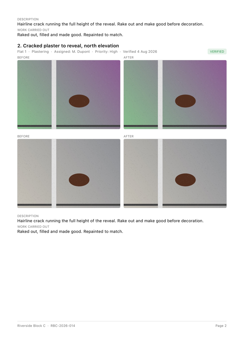 A page of a Snagpad completion report showing before and after photographs